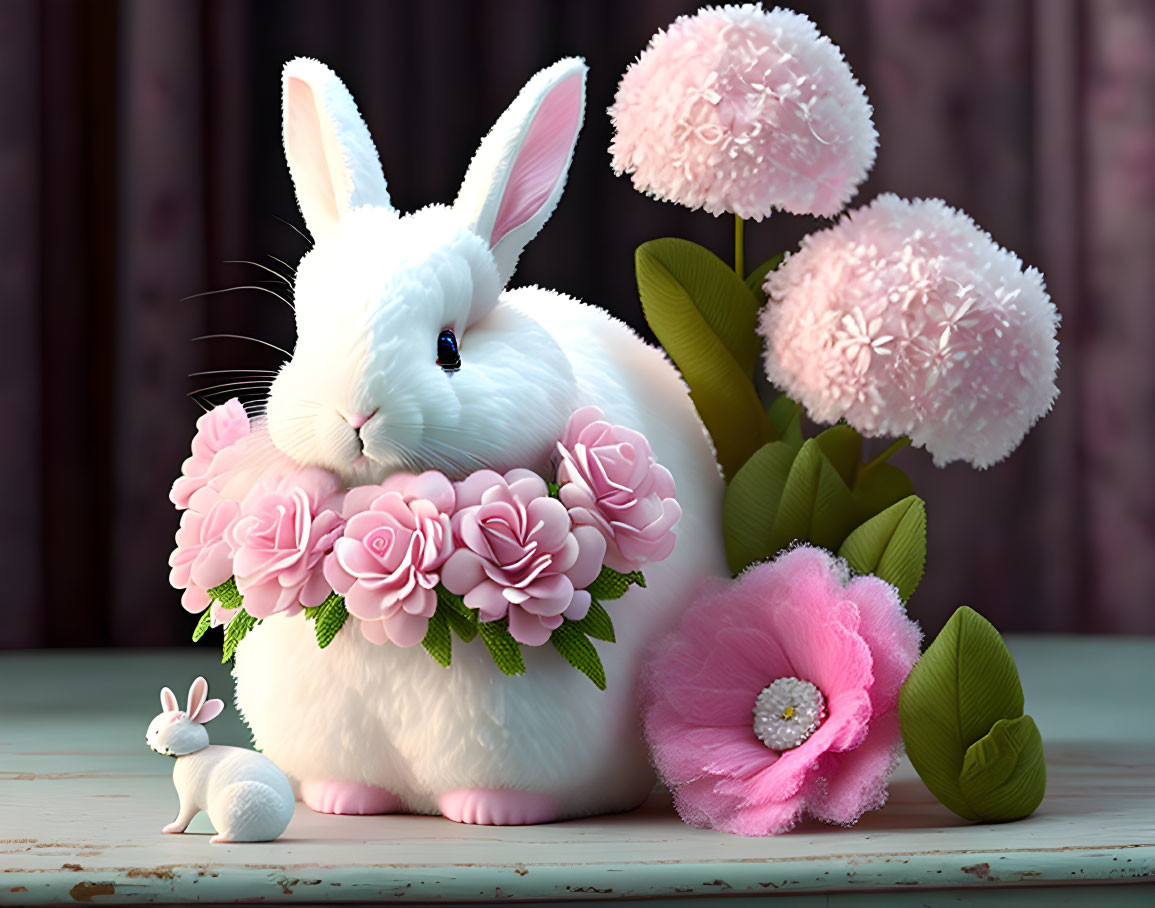 Fluffy white rabbit with pink roses and flowers beside small figurine