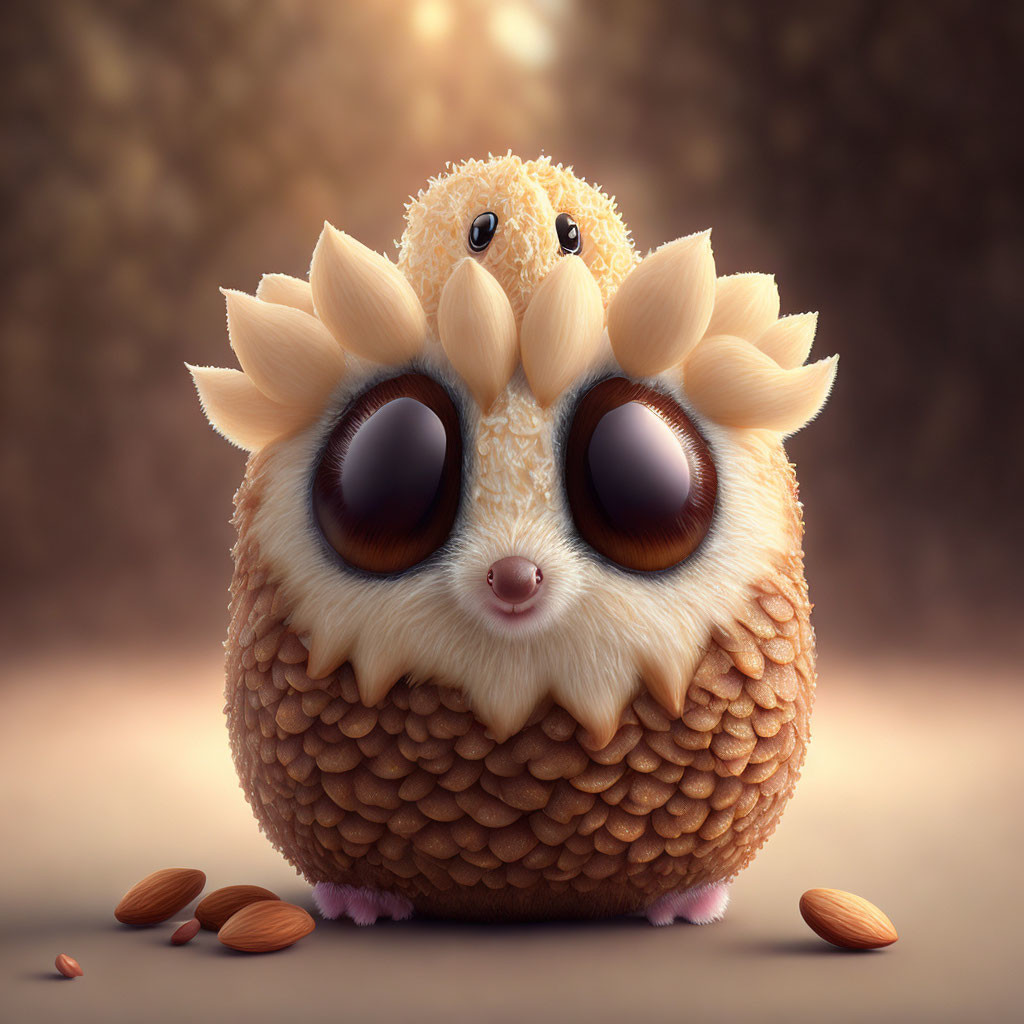 Fluffy creature with owl and hedgehog features and glossy eyes.