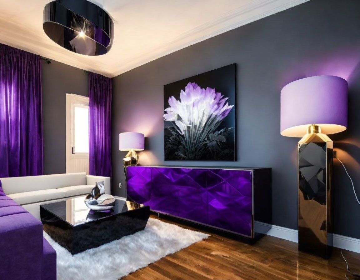 Purple-themed modern living room with floral art, drapes, and black furniture