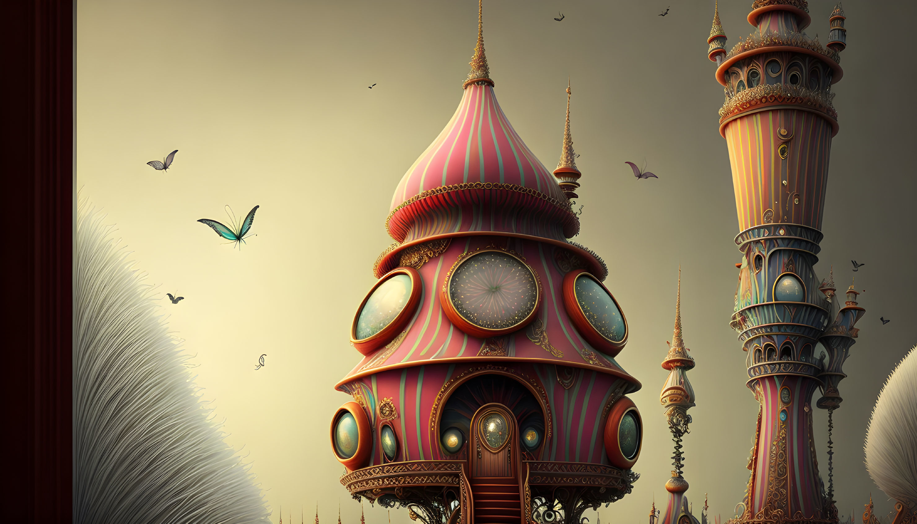 Whimsical towers and butterfly creatures in a fantasy setting