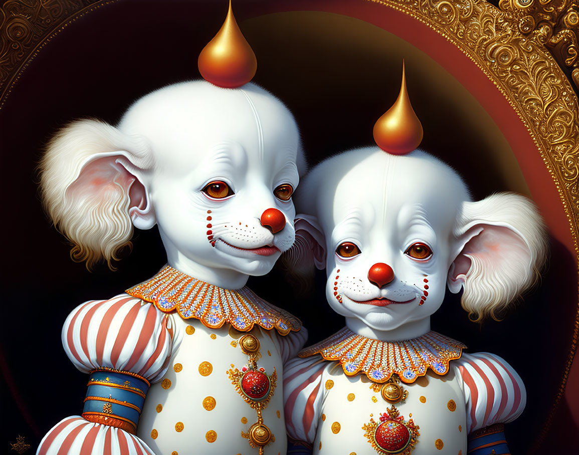 Whimsical clown characters with white faces and red noses in elaborate costumes