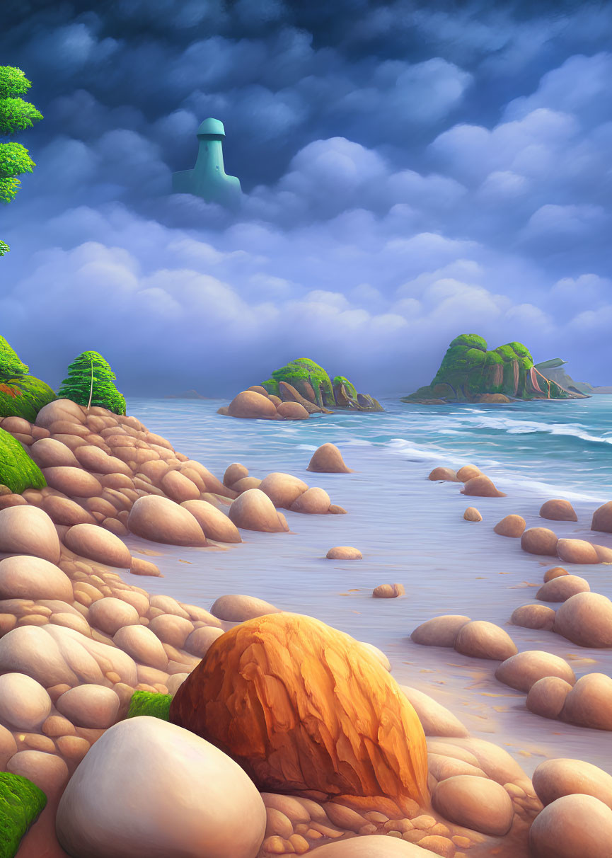 Tranquil beach scene with round stones, lighthouse, stormy sky, and lush islets