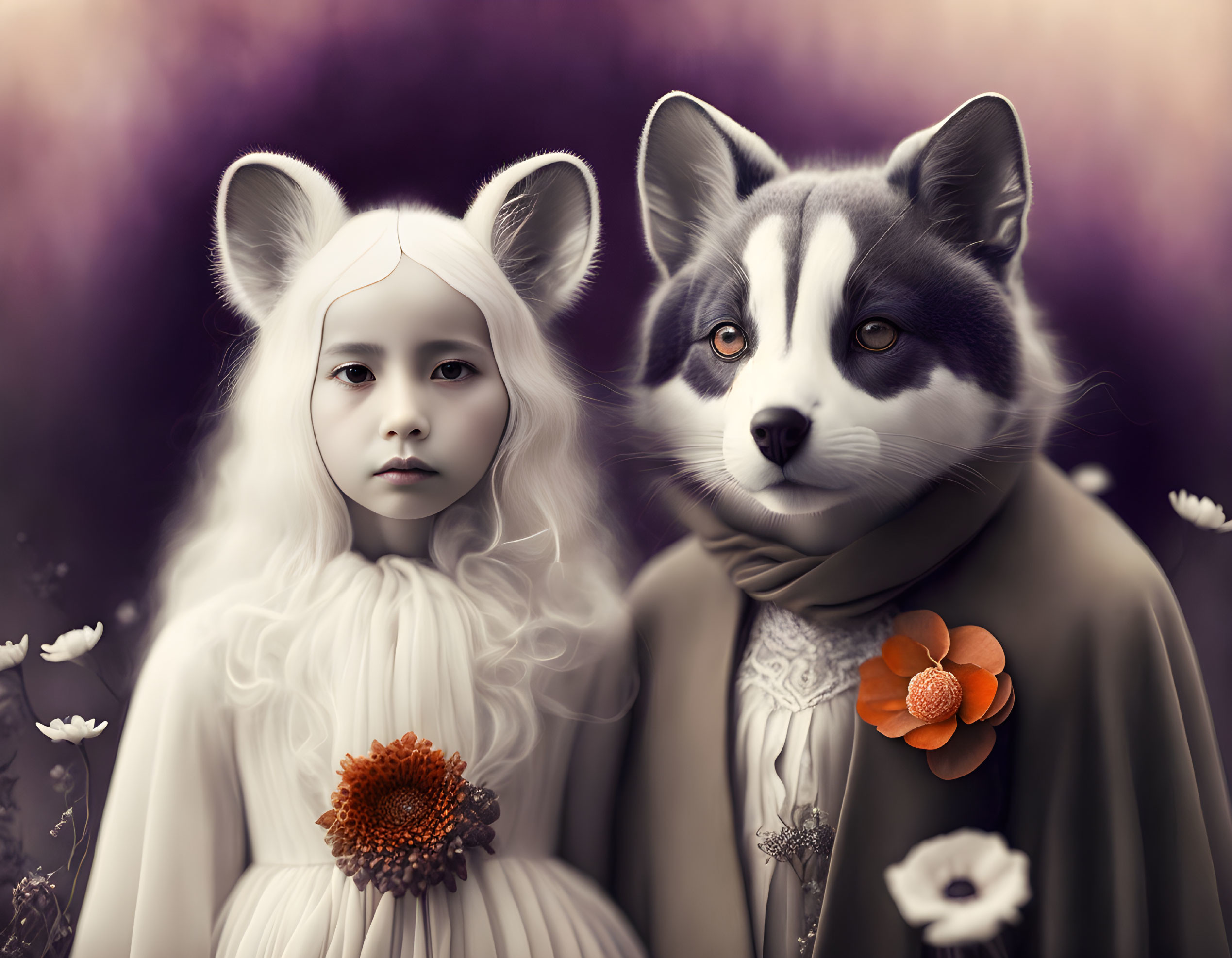 Young girl with white hair and fox mask beside anthropomorphic raccoon in floral setting