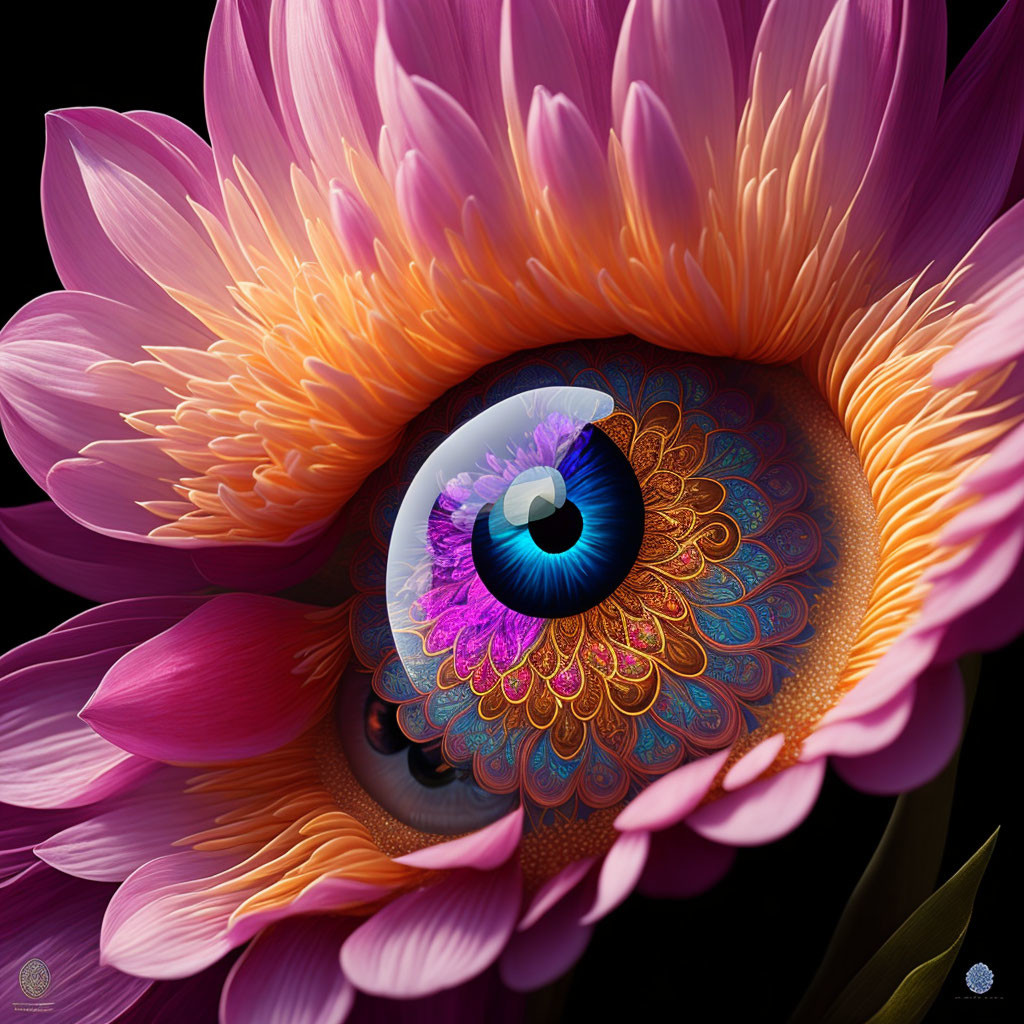 Digital Artwork: Human Eye in Pink Flower with Fractal Patterns