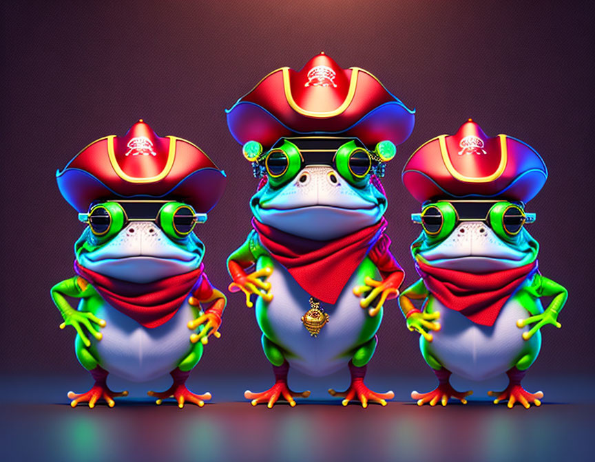 Colorful stylized pirate frogs on dark background