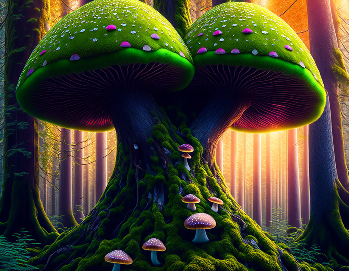 Vibrant green mushrooms with pink spots in enchanting forest