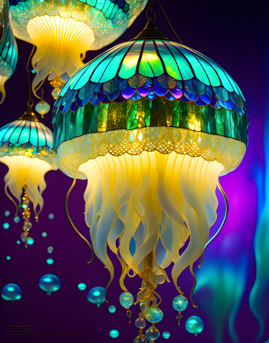 Blue and green jellyfish-shaped lamps with crystal beads hanging from the ceiling