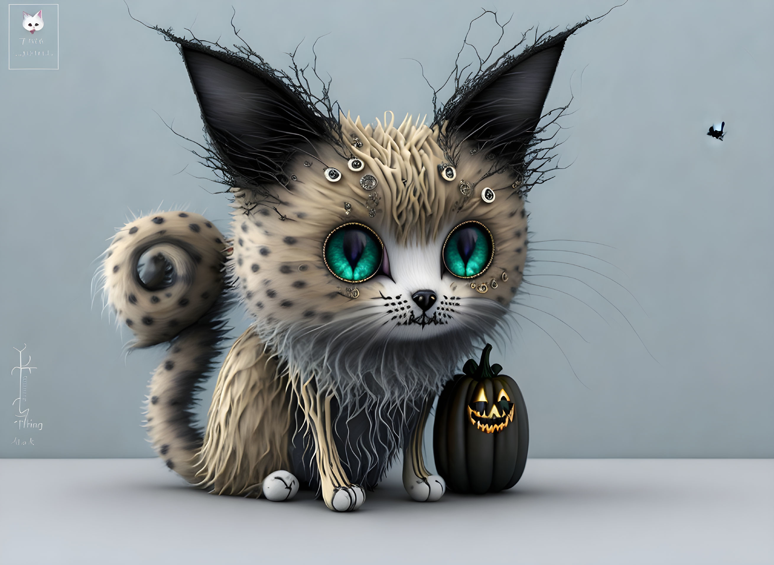 Fantastical kitten with oversized ears and teal eyes beside a miniature jack-o'-lantern