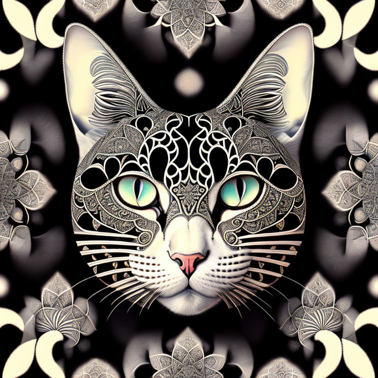 Intricate digital cat art with luminous green eyes on floral background