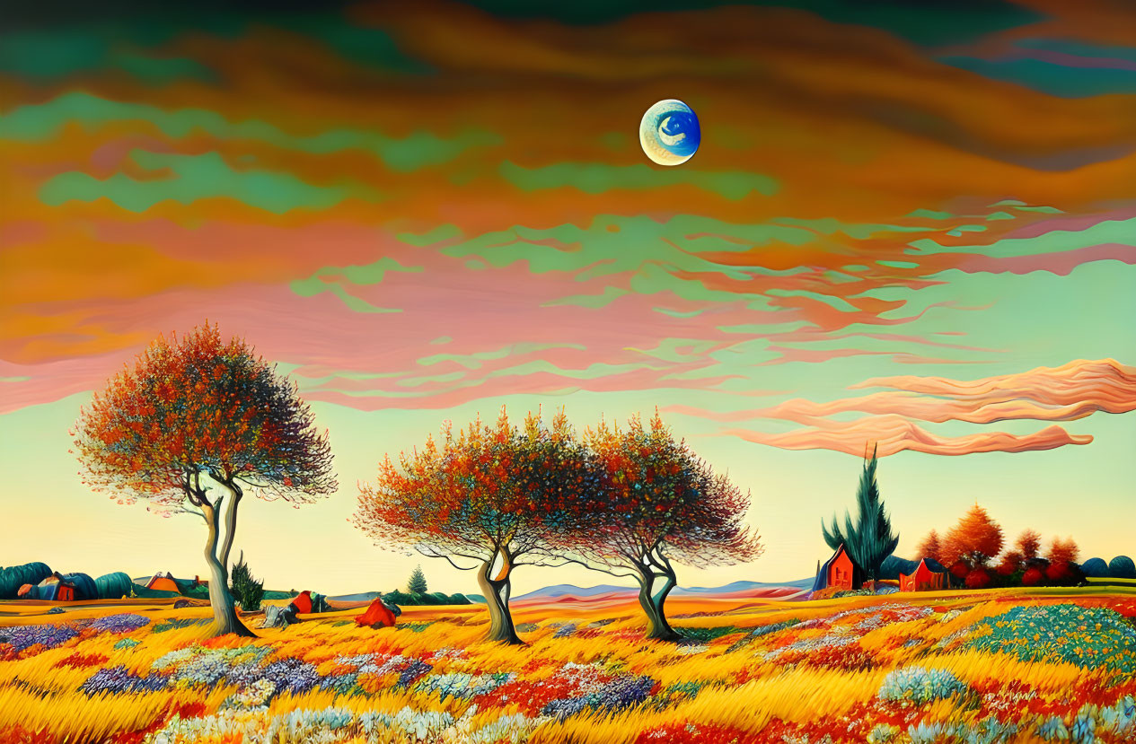 Colorful surreal landscape with crescent moon and whimsical sky