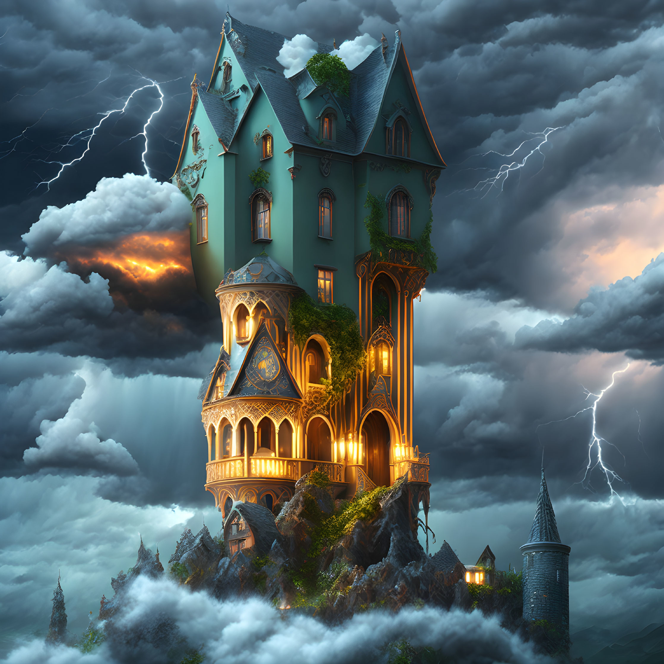 Gothic house on rocky peak amid stormy clouds and lightning