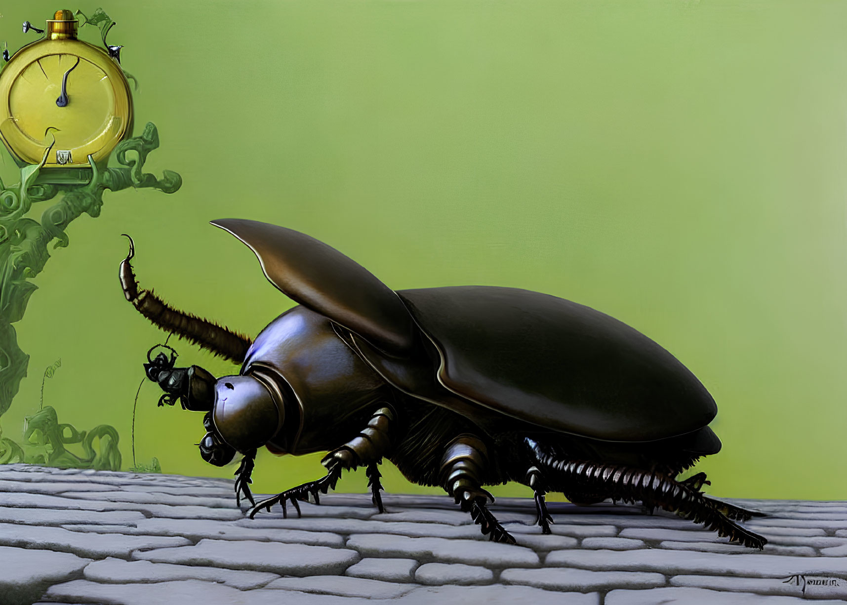 Surrealist digital artwork: metallic beetle on cobblestone, clock, whimsical structures