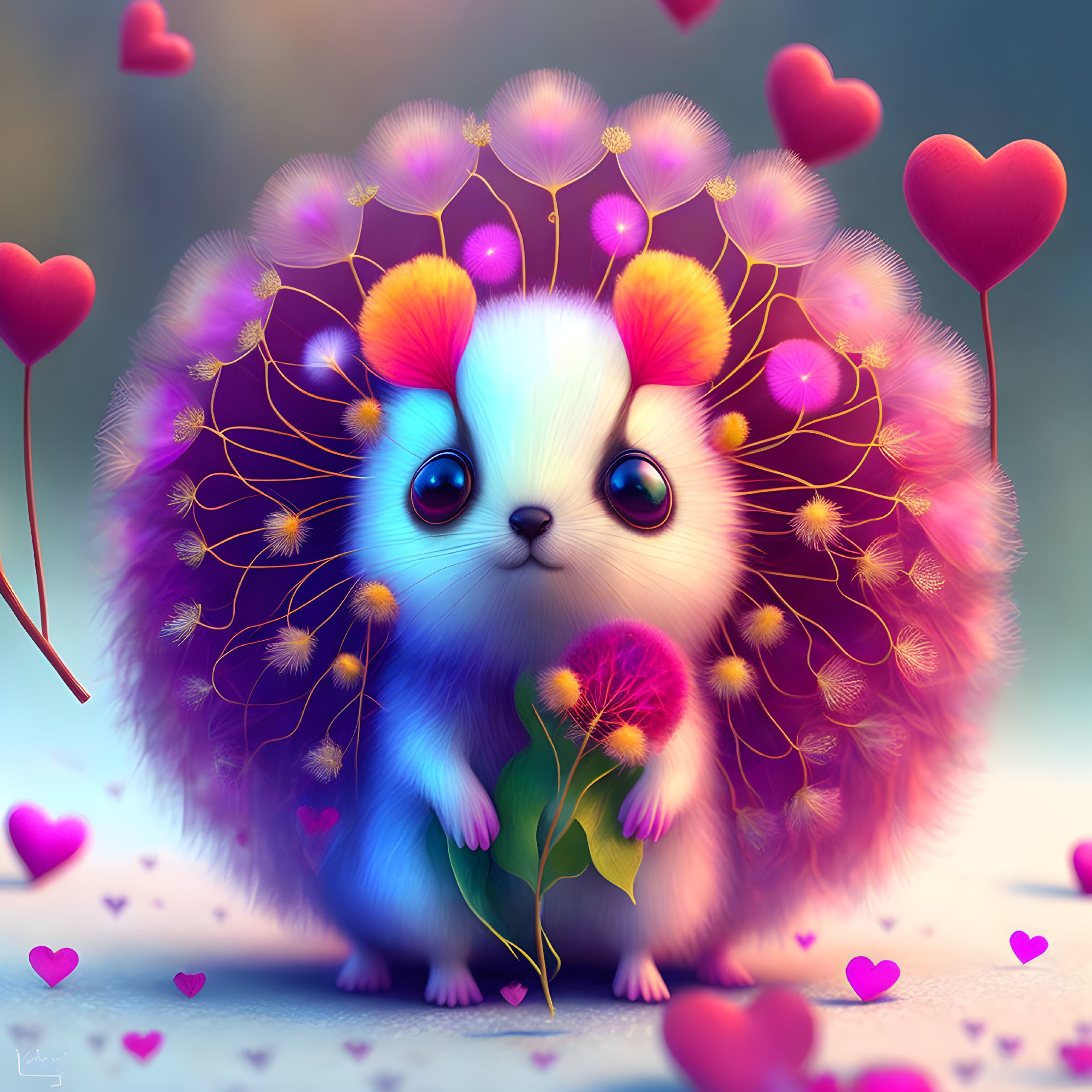 Colorful animated creature with heart-shaped fur, large eyes, surrounded by glowing balloons and flowers.