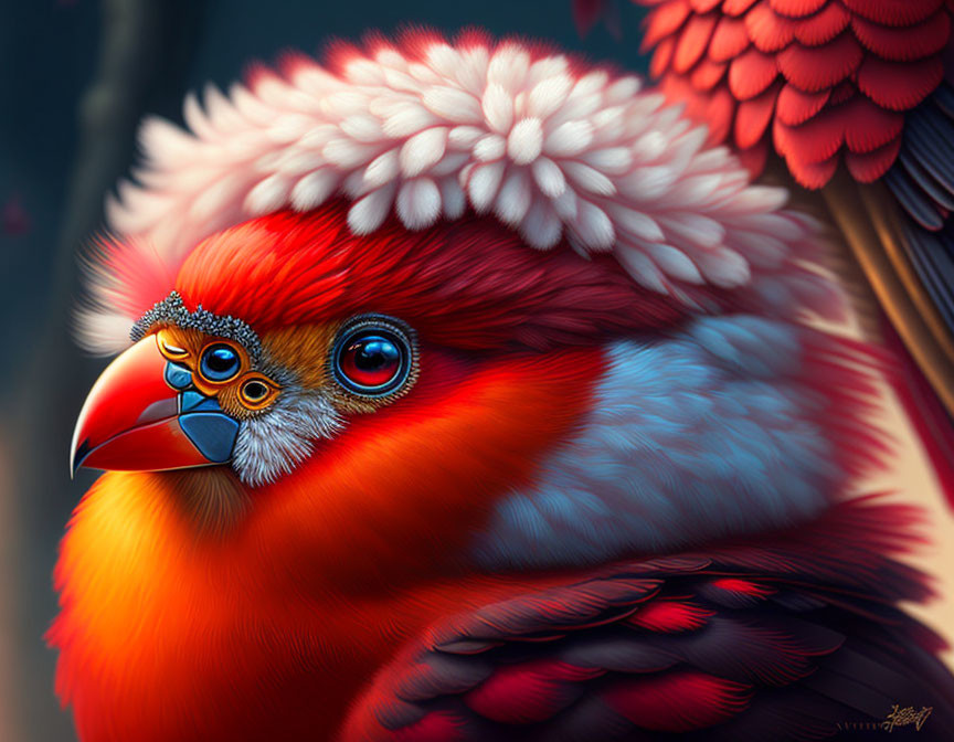 Colorful digital artwork featuring stylized bird with red feathers, blue eyes, and patterned crest