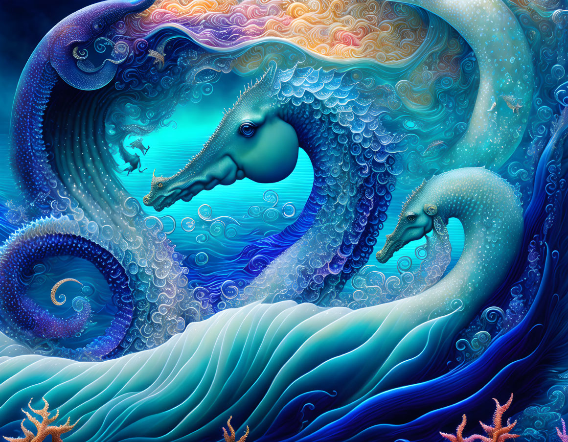 Colorful Digital Artwork: Stylized Seahorses in Blue Waves