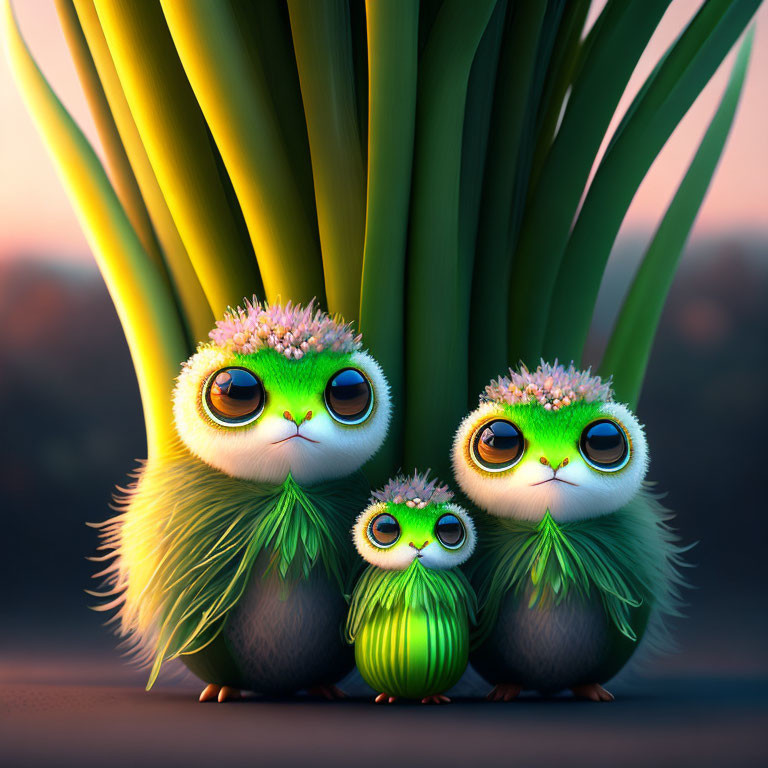 Three adorable green creatures with grass-like fur and big eyes stand together