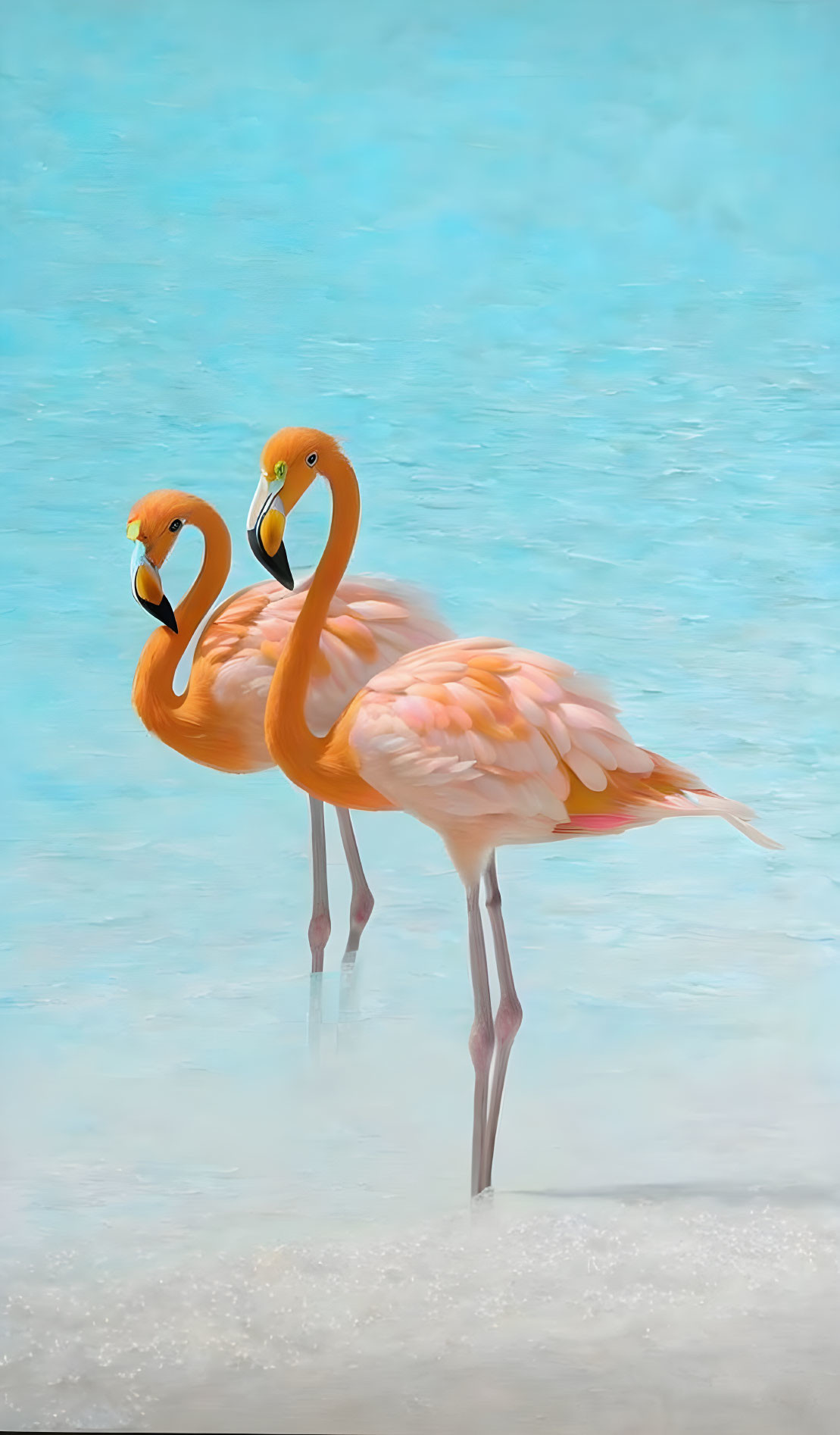 Pair of flamingos in water against soft blue background