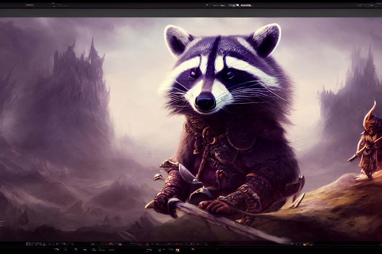 Fantasy artwork of warrior raccoon and humanoid companion in mystical landscape