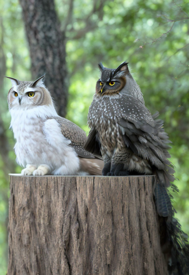 Distinctive feather patterns of two owls perched on tree stump in lush, green forest