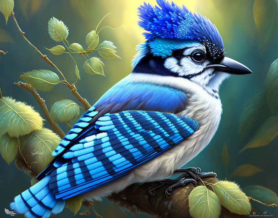 Detailed illustration of a blue jay on a branch with striking blue and white plumage