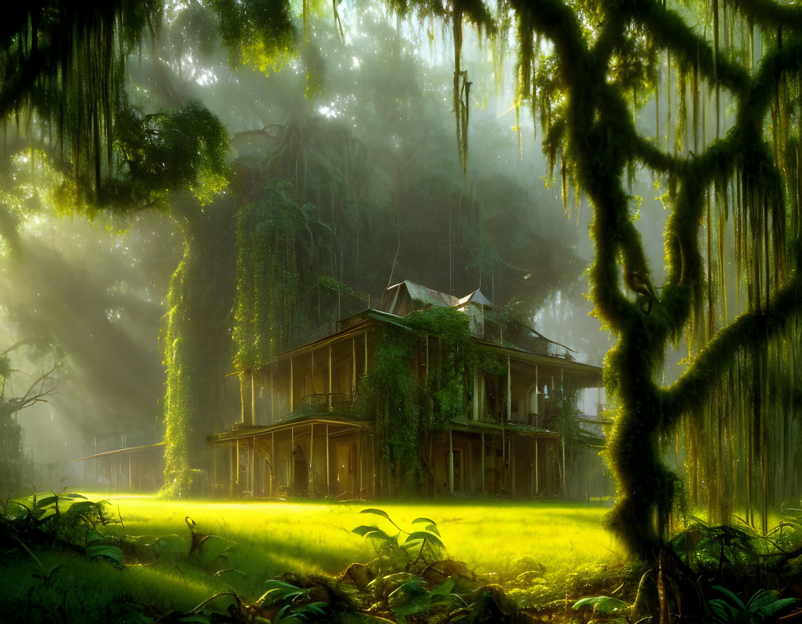 Desolate multi-story house in misty forest with sunlight and Spanish moss.