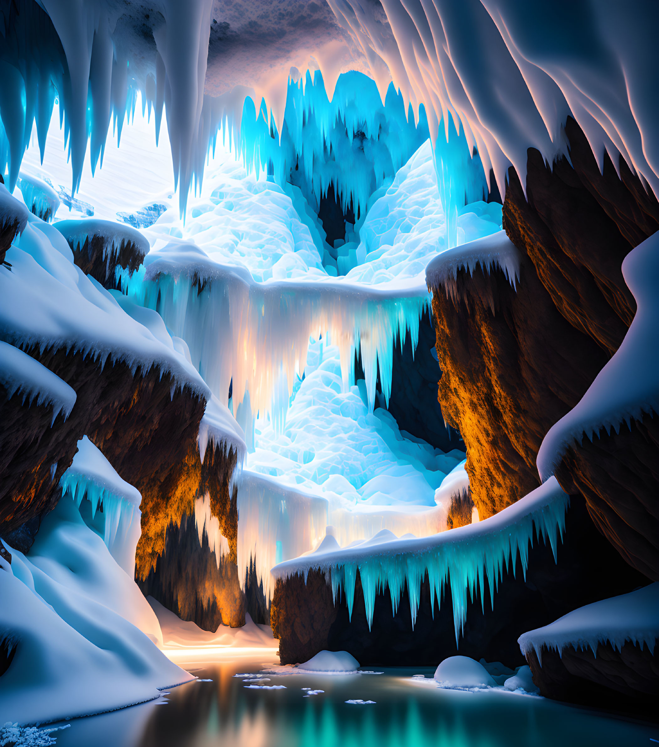 Mystical icy cave with blue light, stalactites, frozen waterfalls, tranquil pool