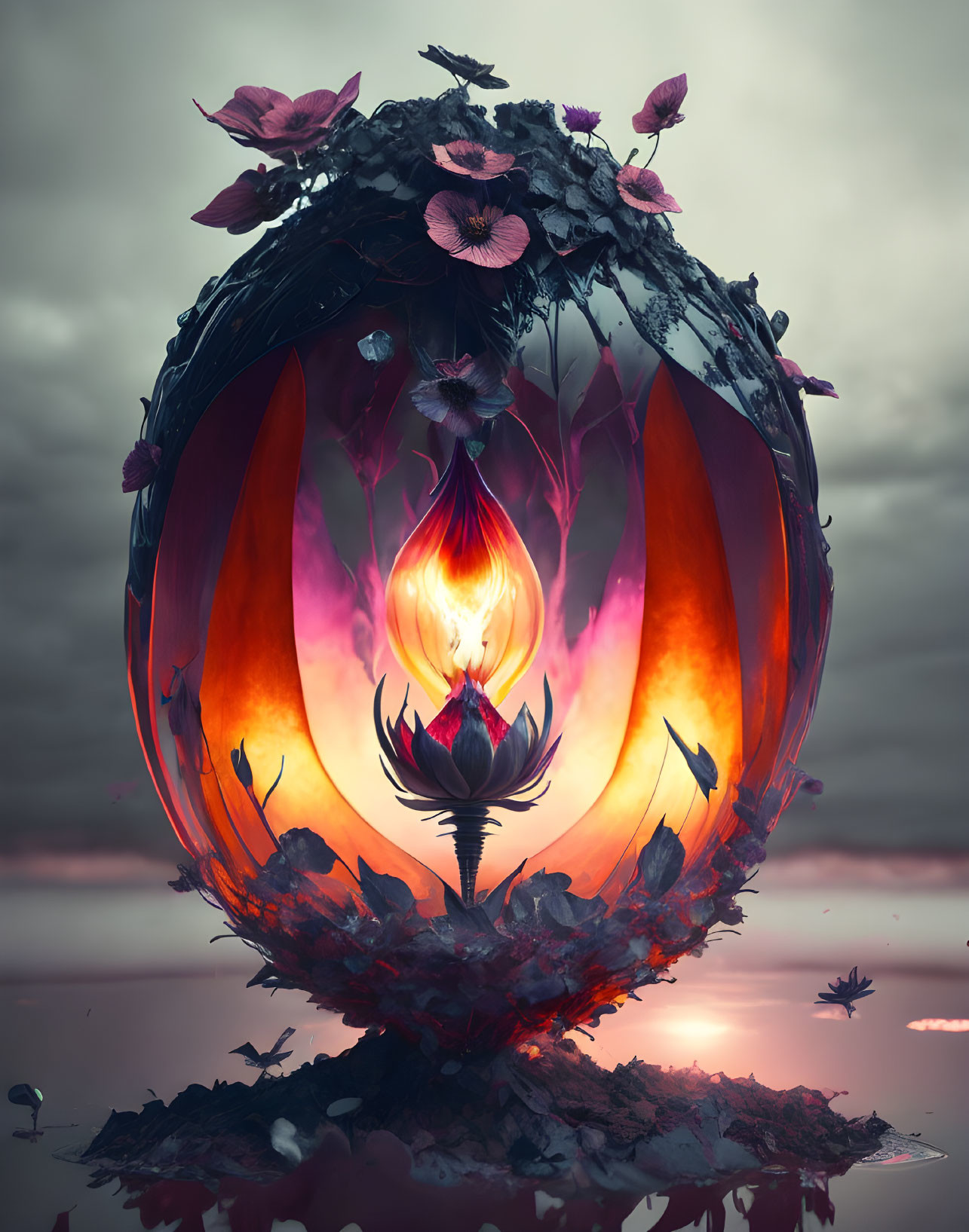 Surreal flaming lotus in cracked egg structure with birds and petals against crimson sky