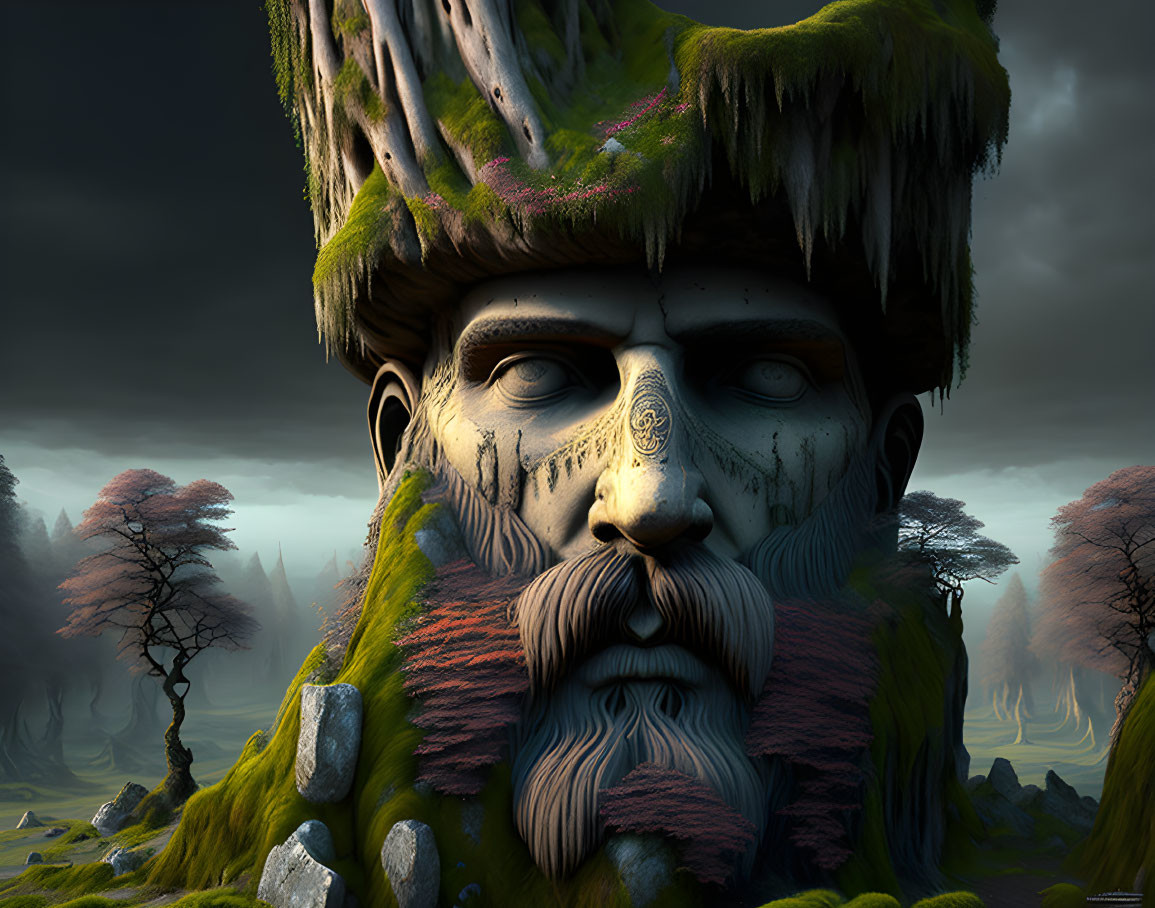 Giant stone face with moss in mystical forest scenery