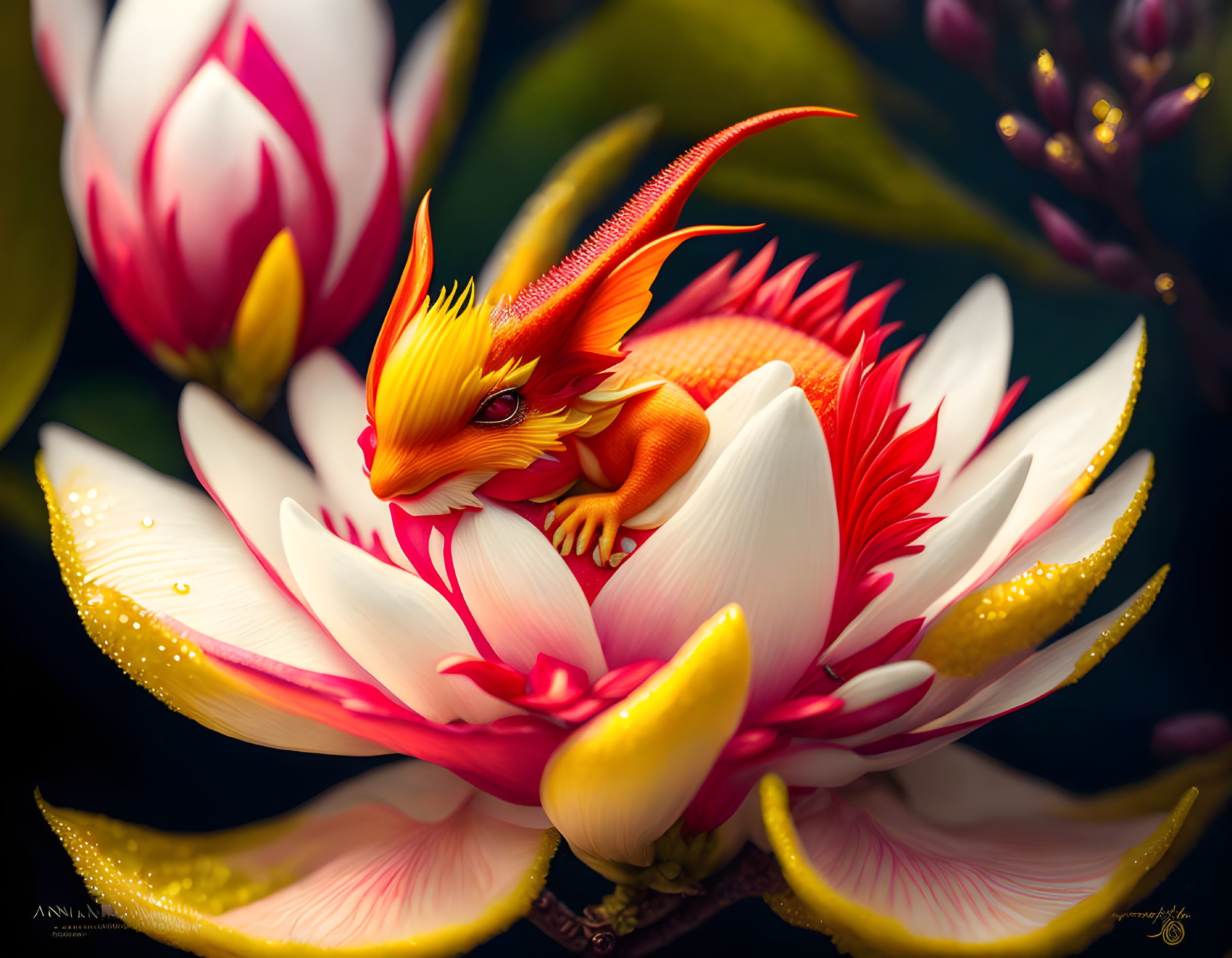 Orange Dragon-Like Creature on White and Red Flower with Green Leaves