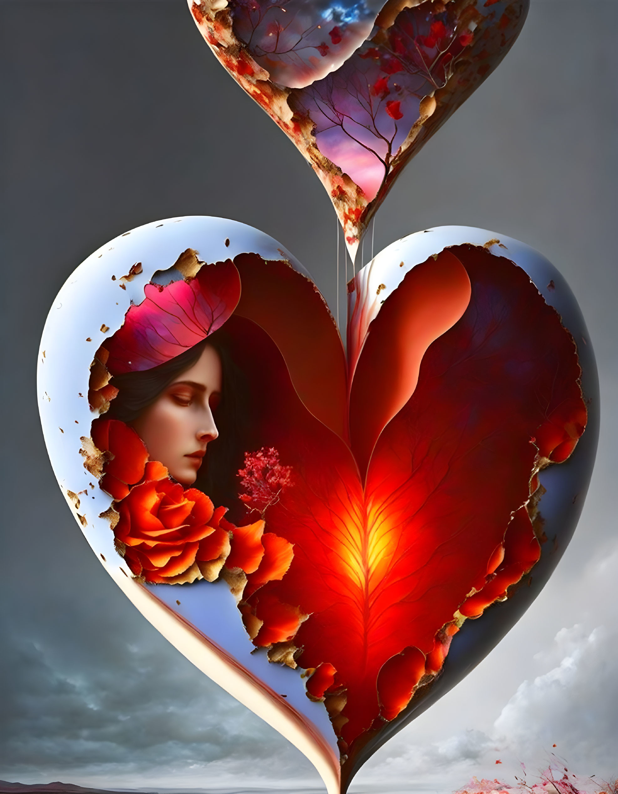 Surreal heart-shaped object with woman's face, flowers, and glowing light.