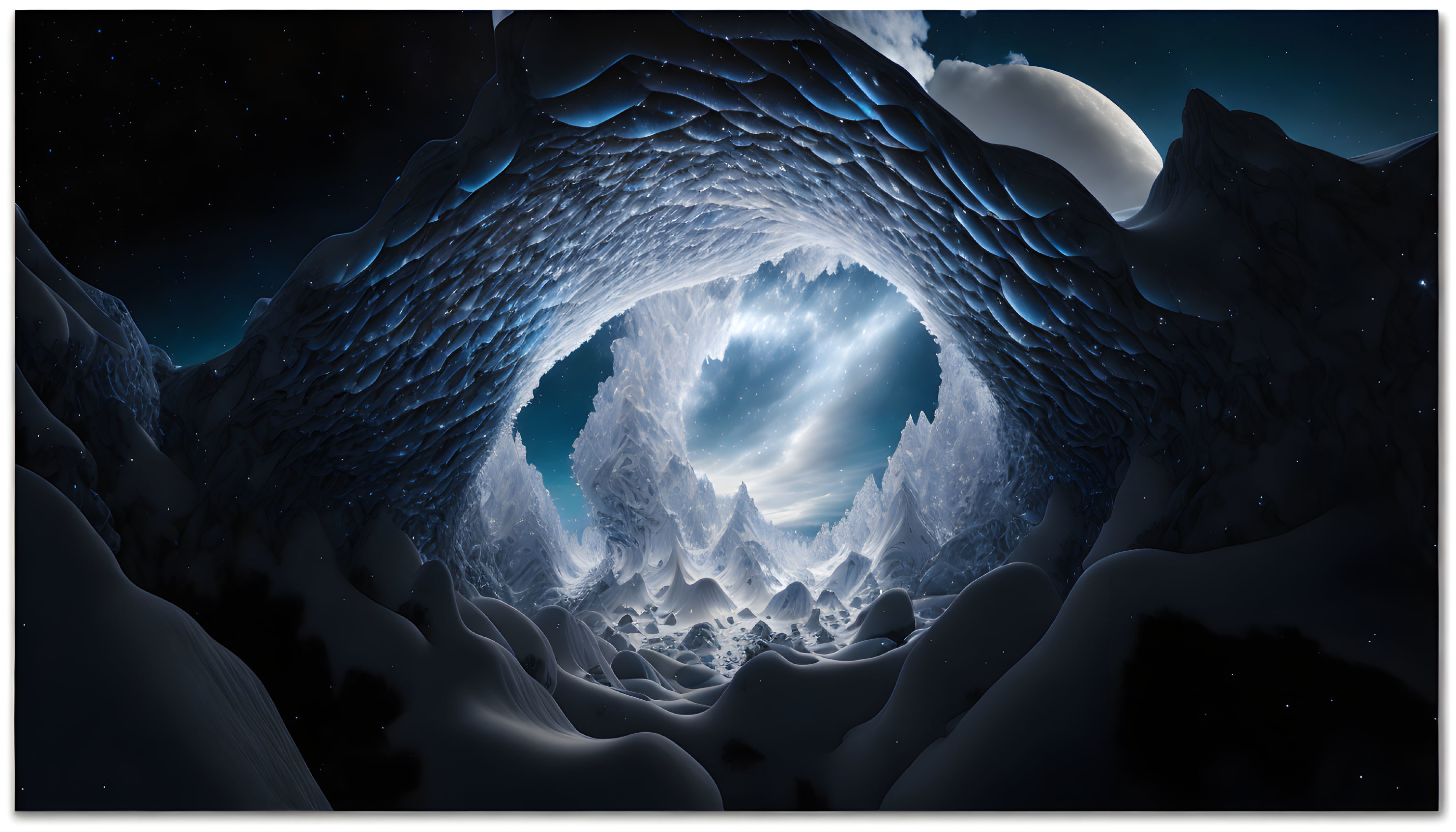 Moonlit snowscape through wavy ice cave under starry sky