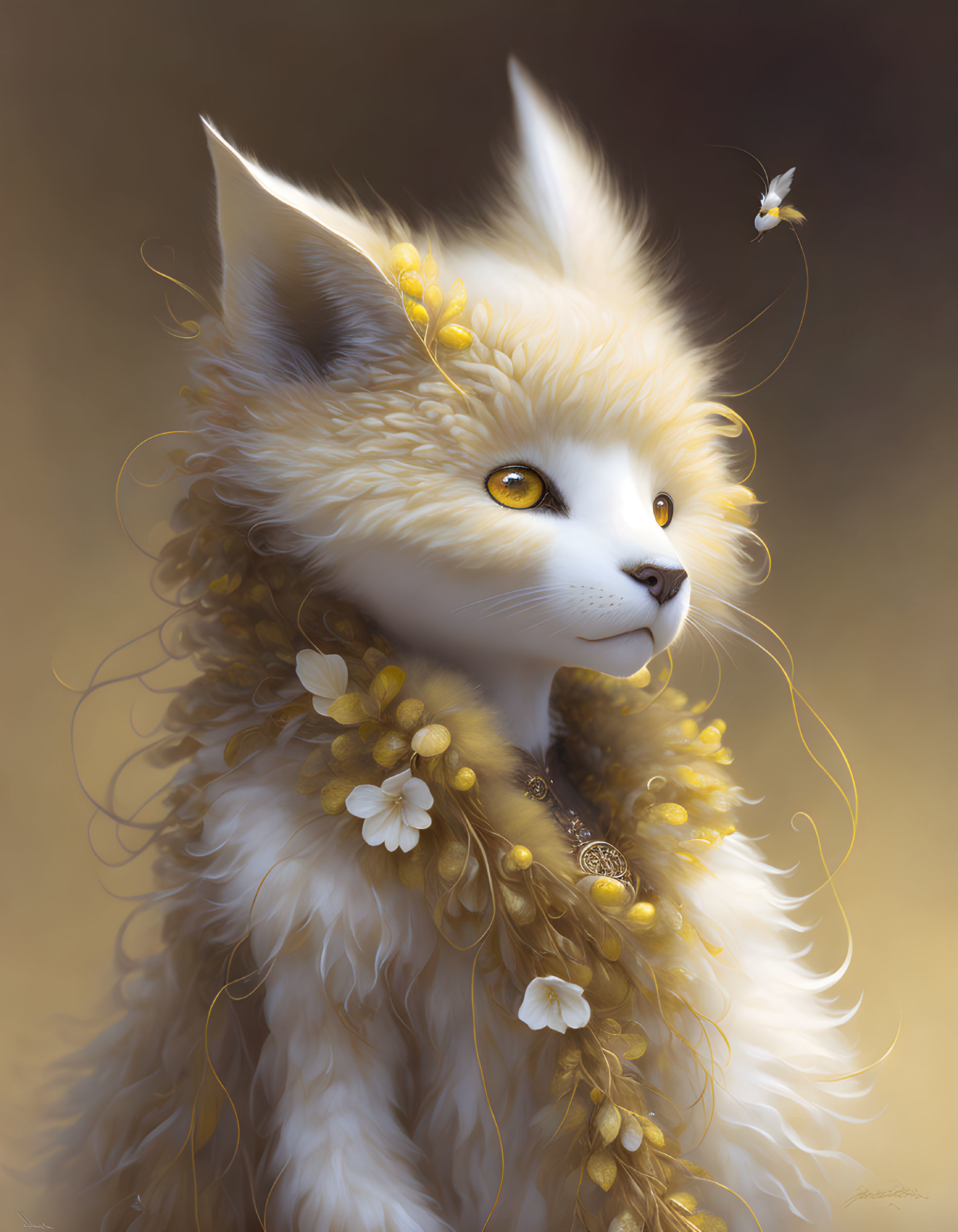 Cream-Colored Cat with Golden Flowers and Butterfly Gazing Scene