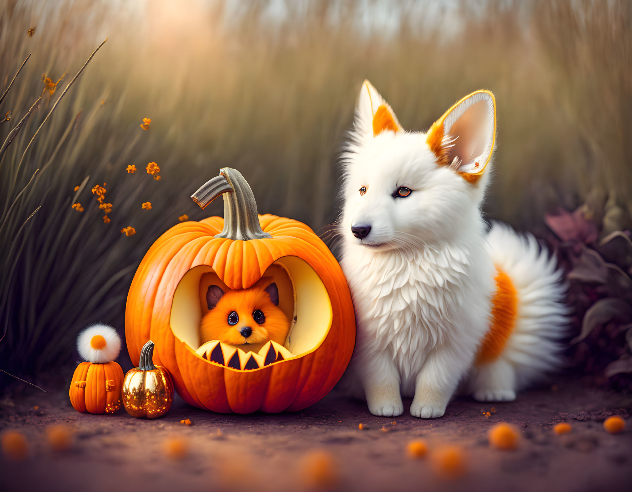 White fluffy dog with piercing eyes next to carved pumpkin and autumnal foliage