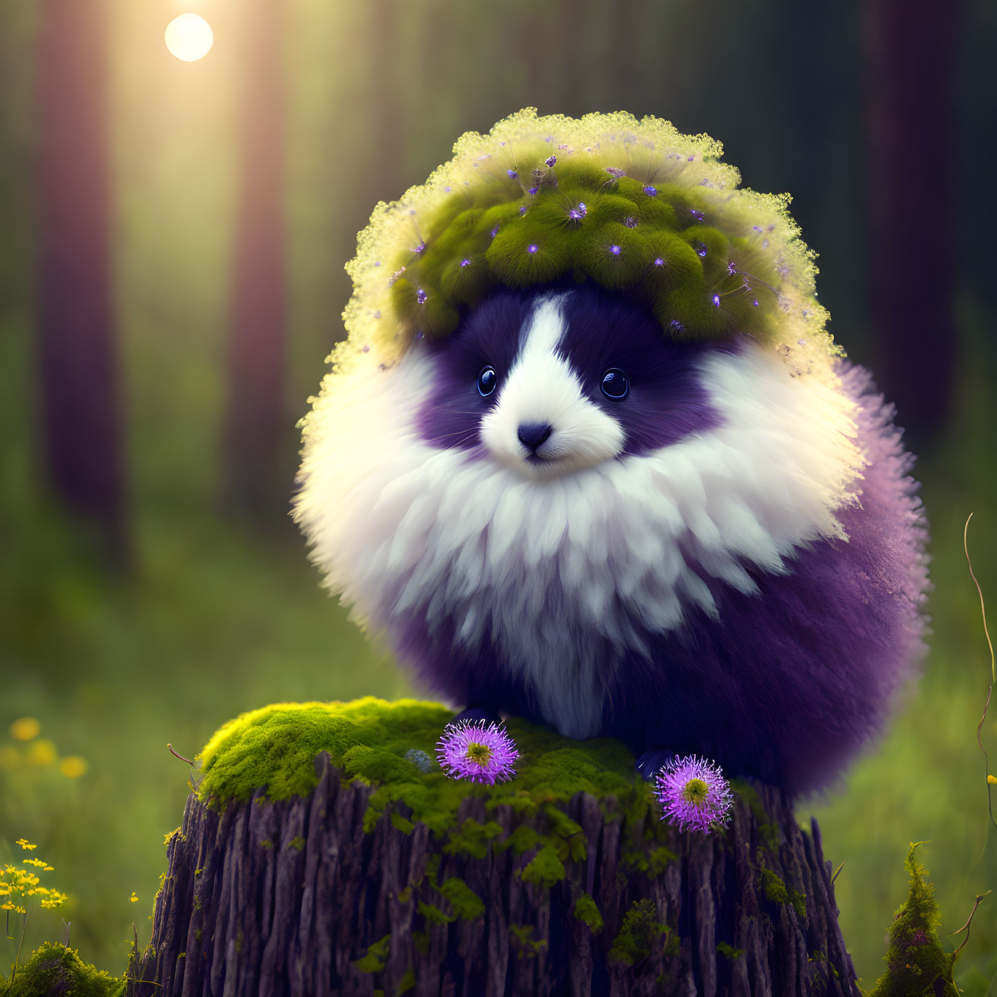 Whimsical creature with hedgehog body and panda face in mystical forest