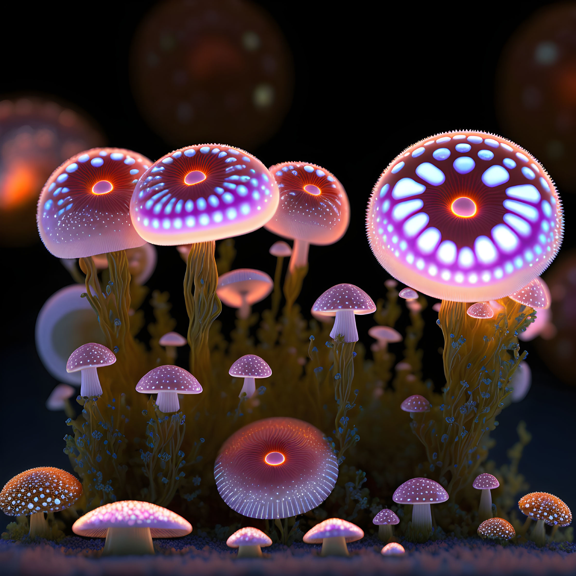 Glowing bioluminescent mushrooms in mystical forest setting