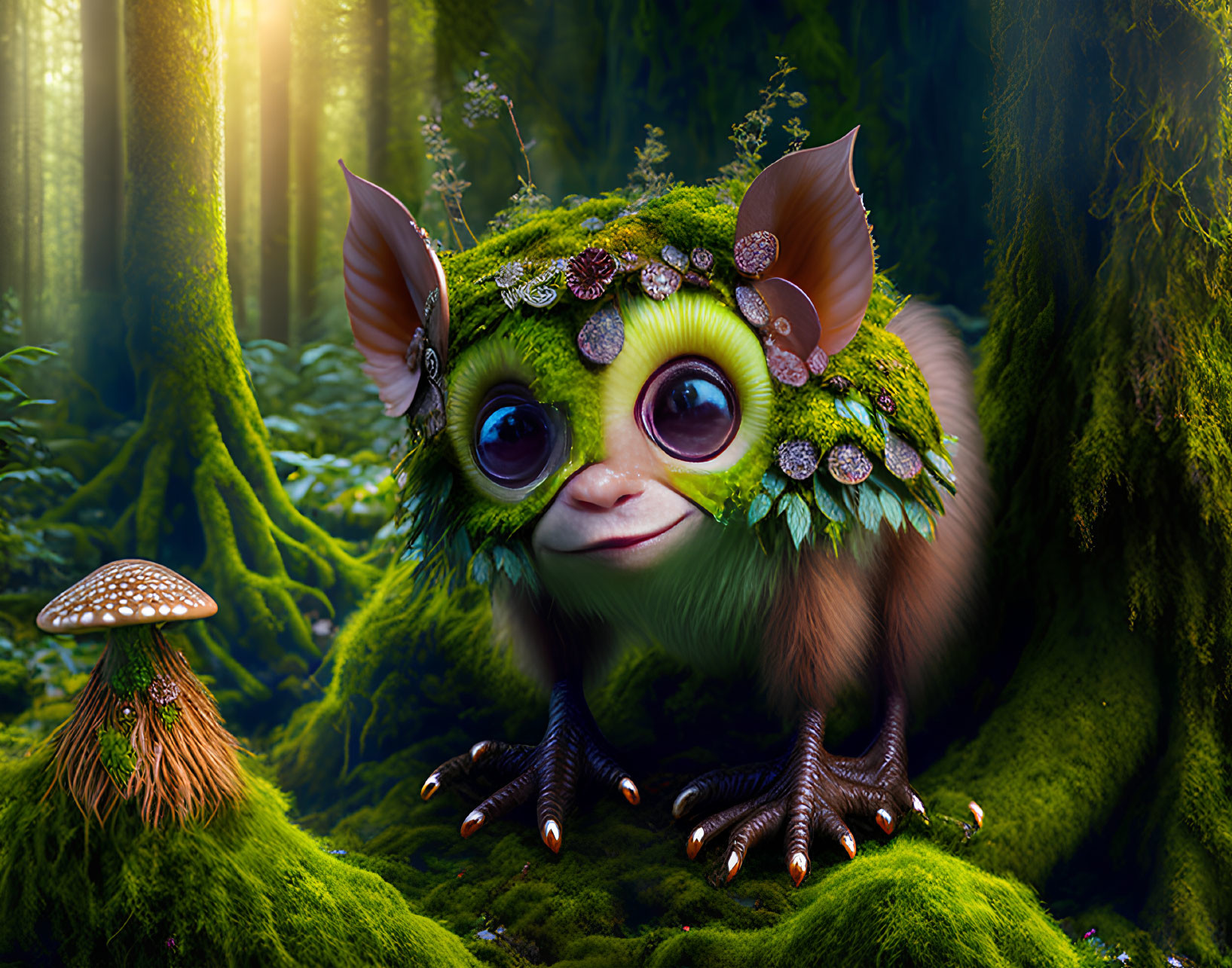 Fantastical creature with large ears in mossy forest surrounded by glowing mushroom