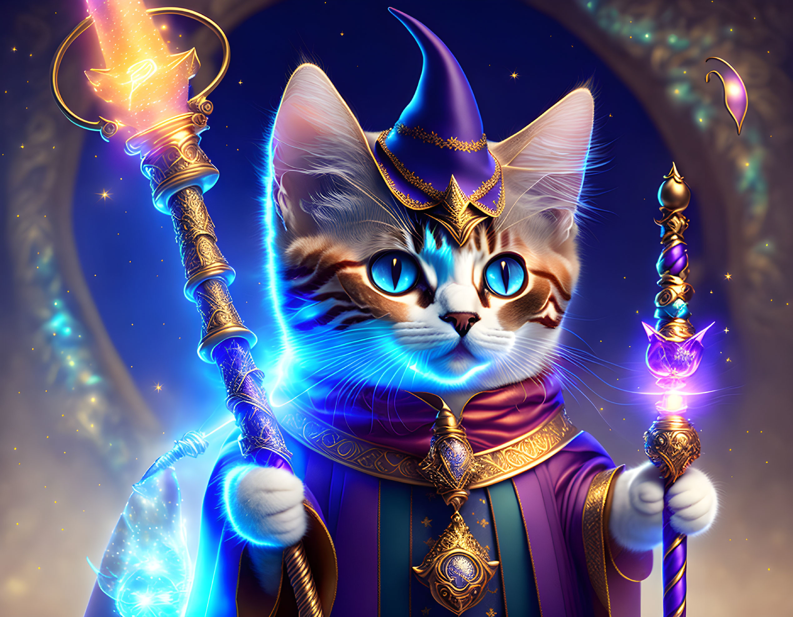 Majestic cat wizard with glowing staff on starry backdrop