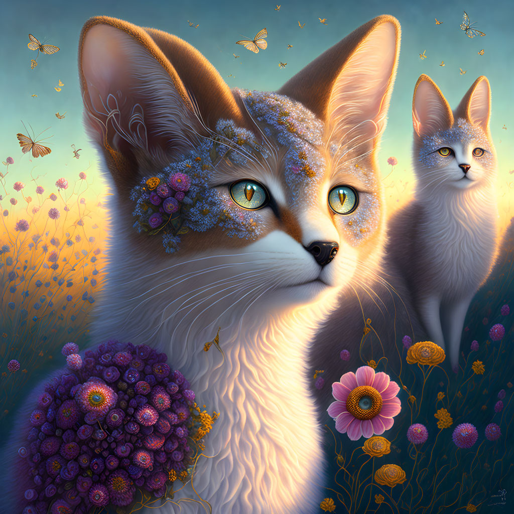 Stylized cats in colorful flower field with floral patterns