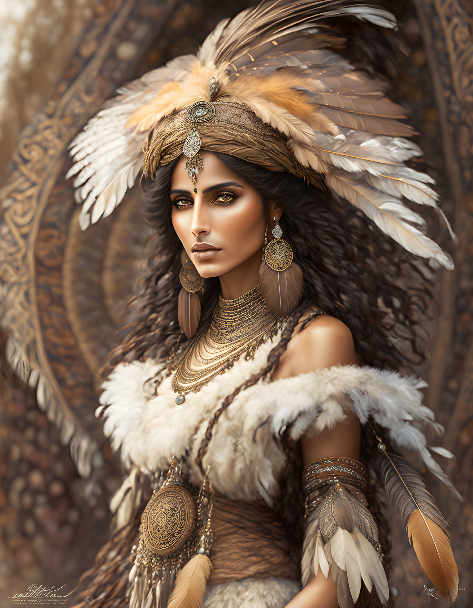 Elaborate Feather Headdress and Fur Jewelry Adorned Woman Pose