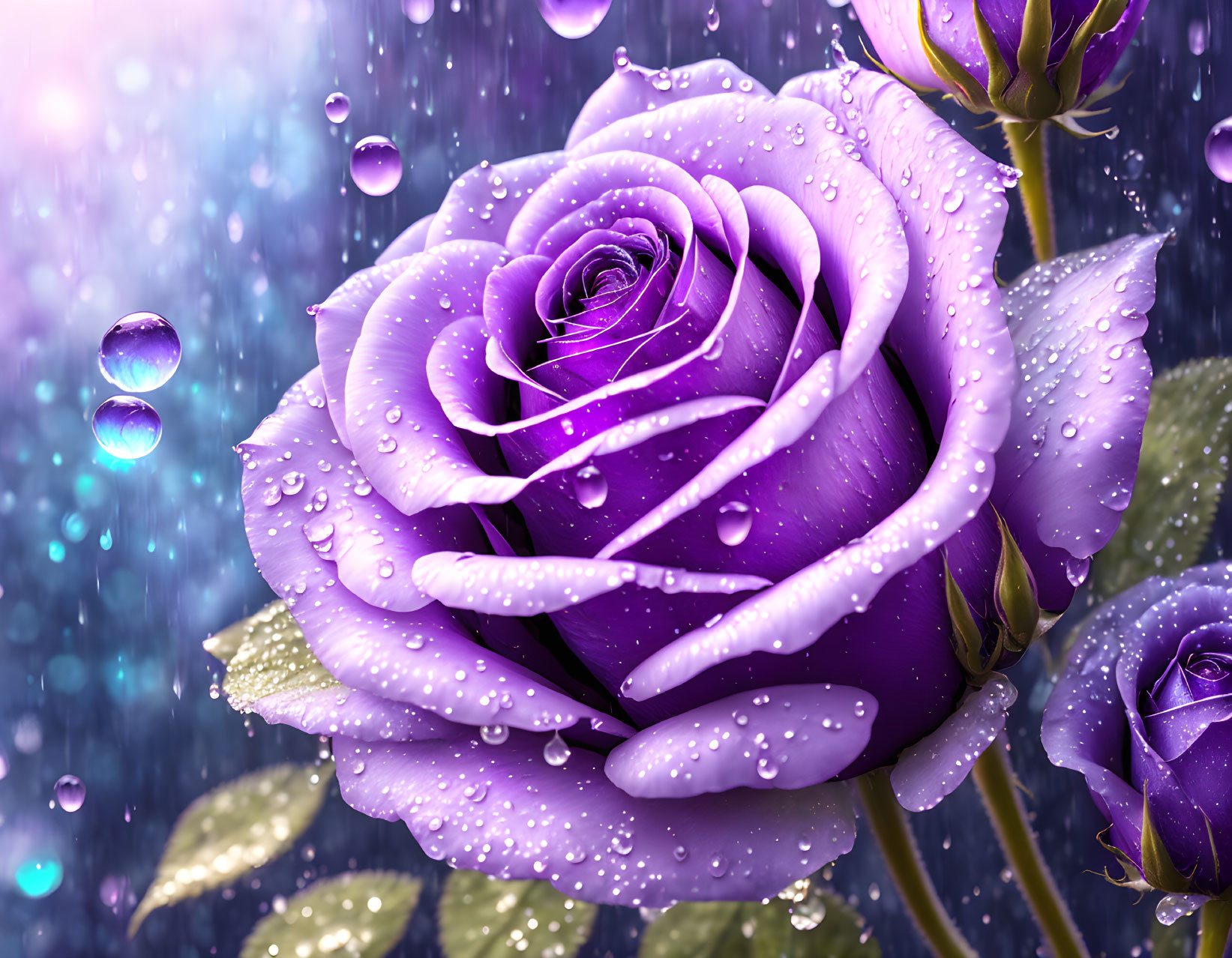 Vibrant purple rose with dewdrops on petals against blurred background.