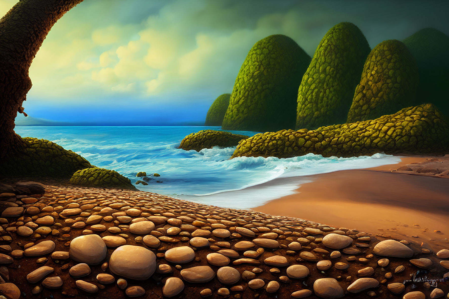 Tranquil beach scene with moss-covered rocks and smooth pebbles