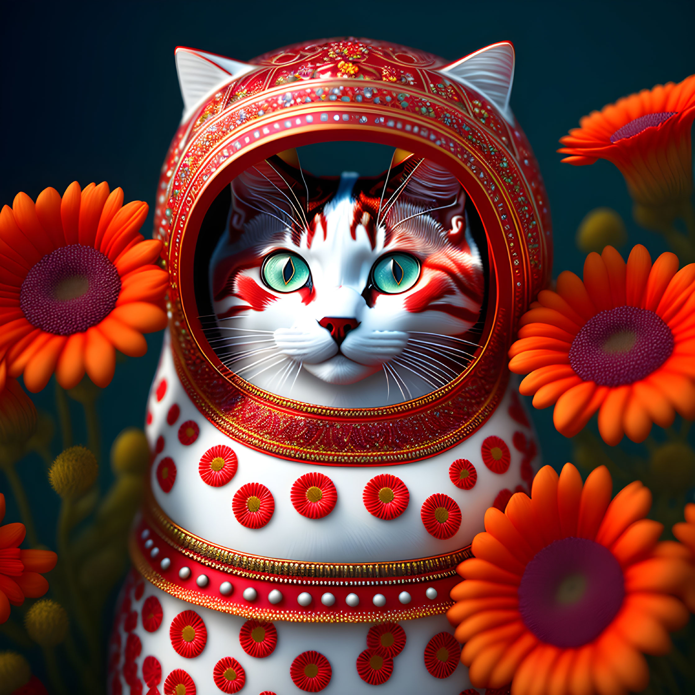 Elaborate White and Red Floral Matryoshka Doll with Cat Face in Digital Art