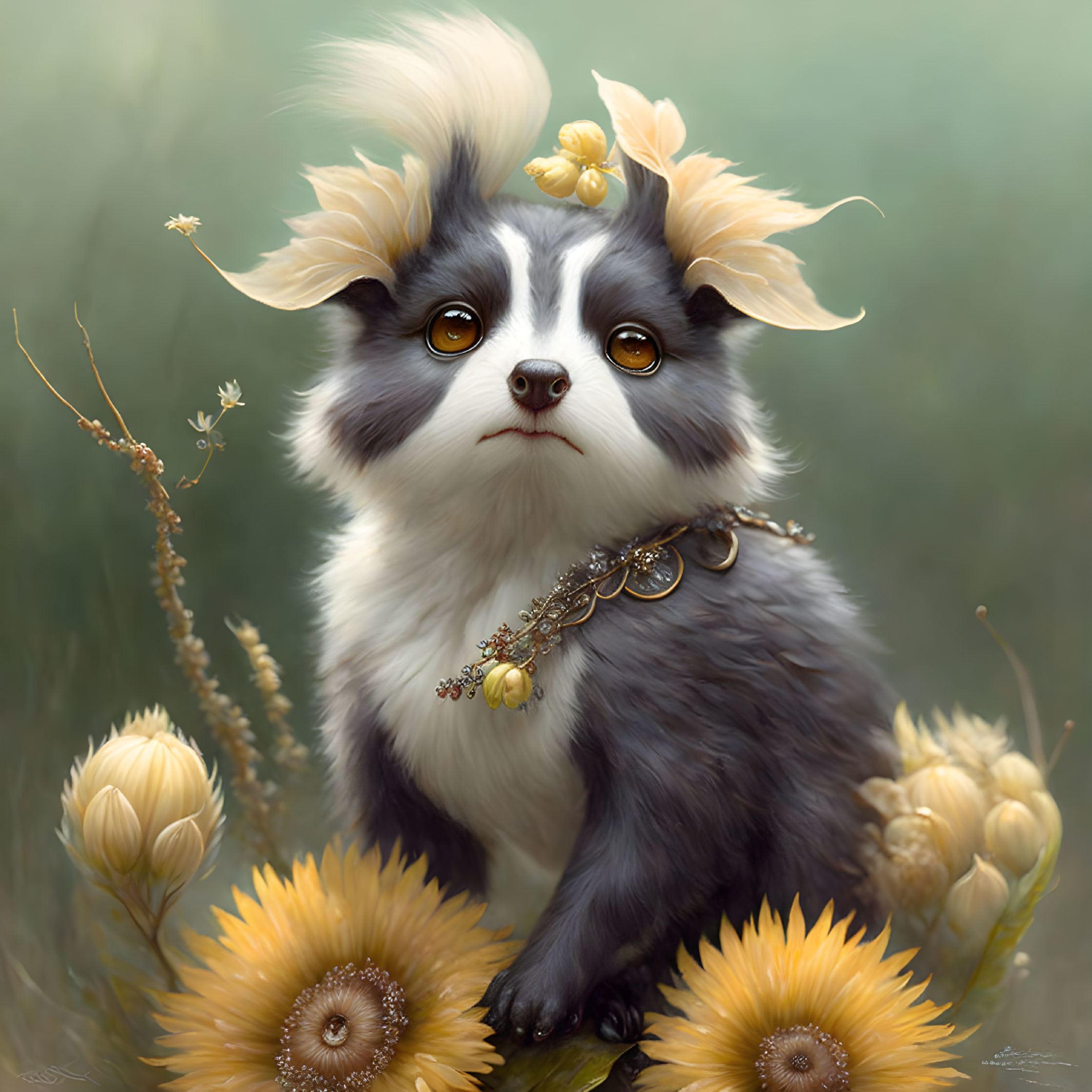 Whimsical creature with panda face and dog body in floral setting