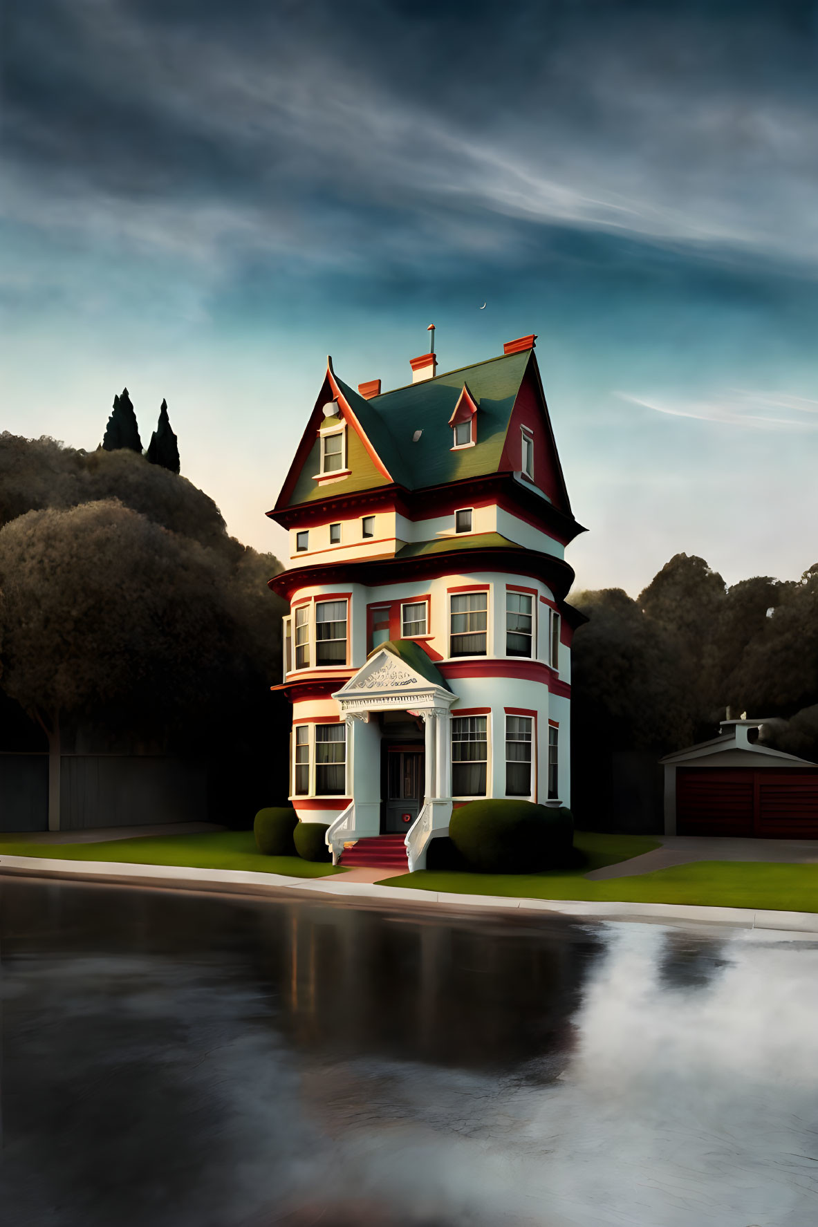 Victorian house with gabled roof under crescent moon