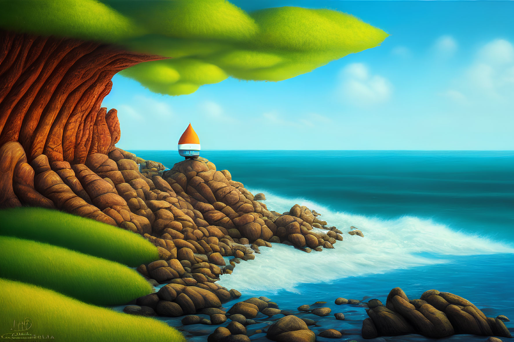 Vivid seaside illustration with lone boat, lush greenery, and blue ocean