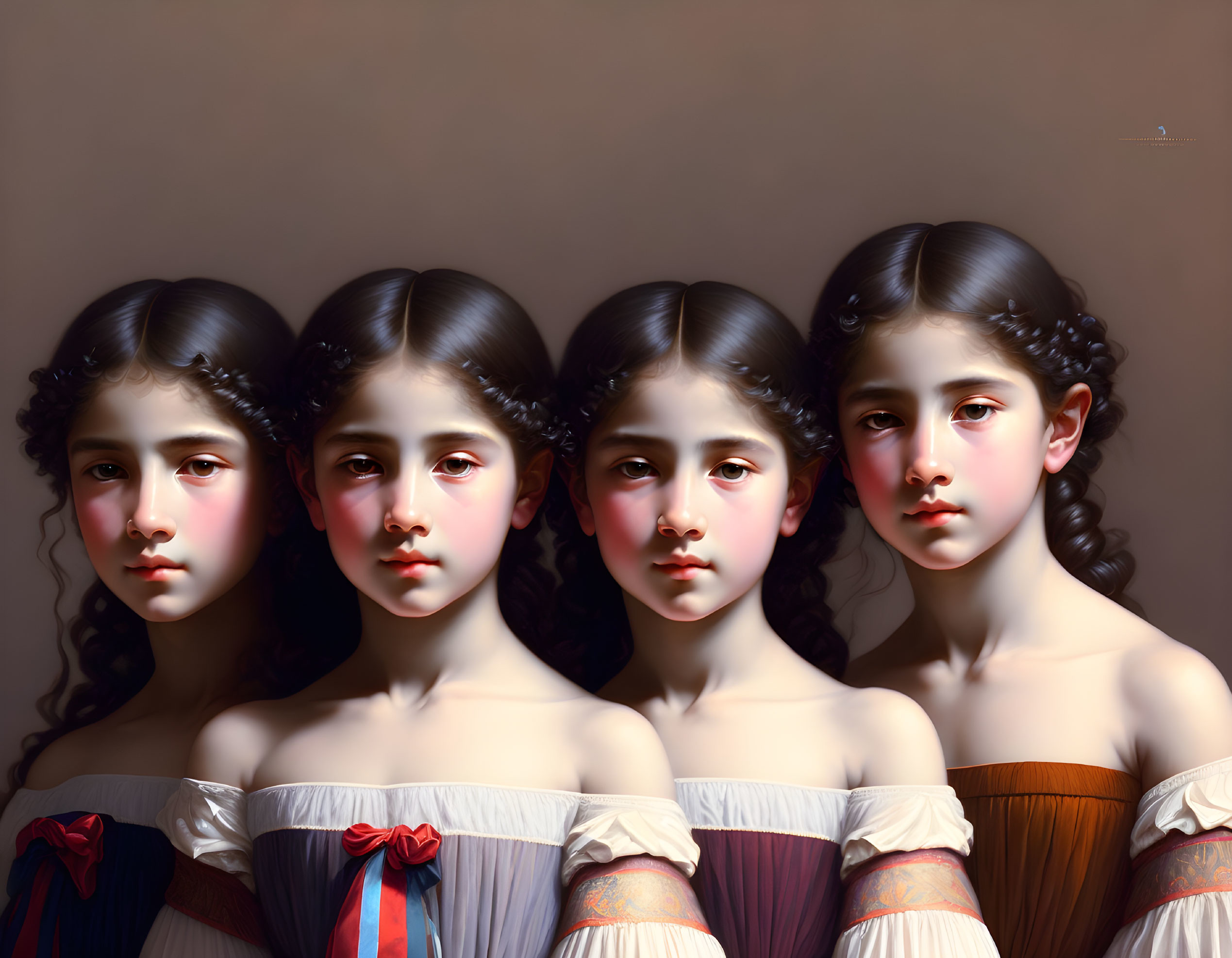 Four young girls in vintage attire with distinct expressions and hairstyles on neutral background