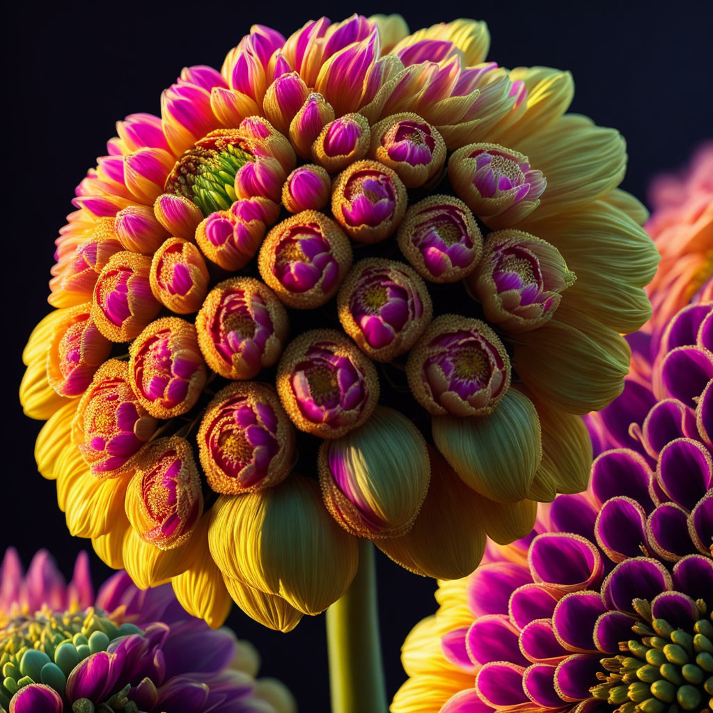 Colorful Yellow and Purple Dahlia Close-Up on Dark Background