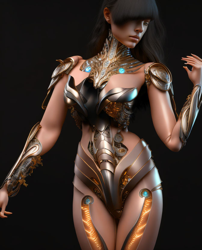 Female Figure in Gold and Black Ornate Armor with Blue Gems