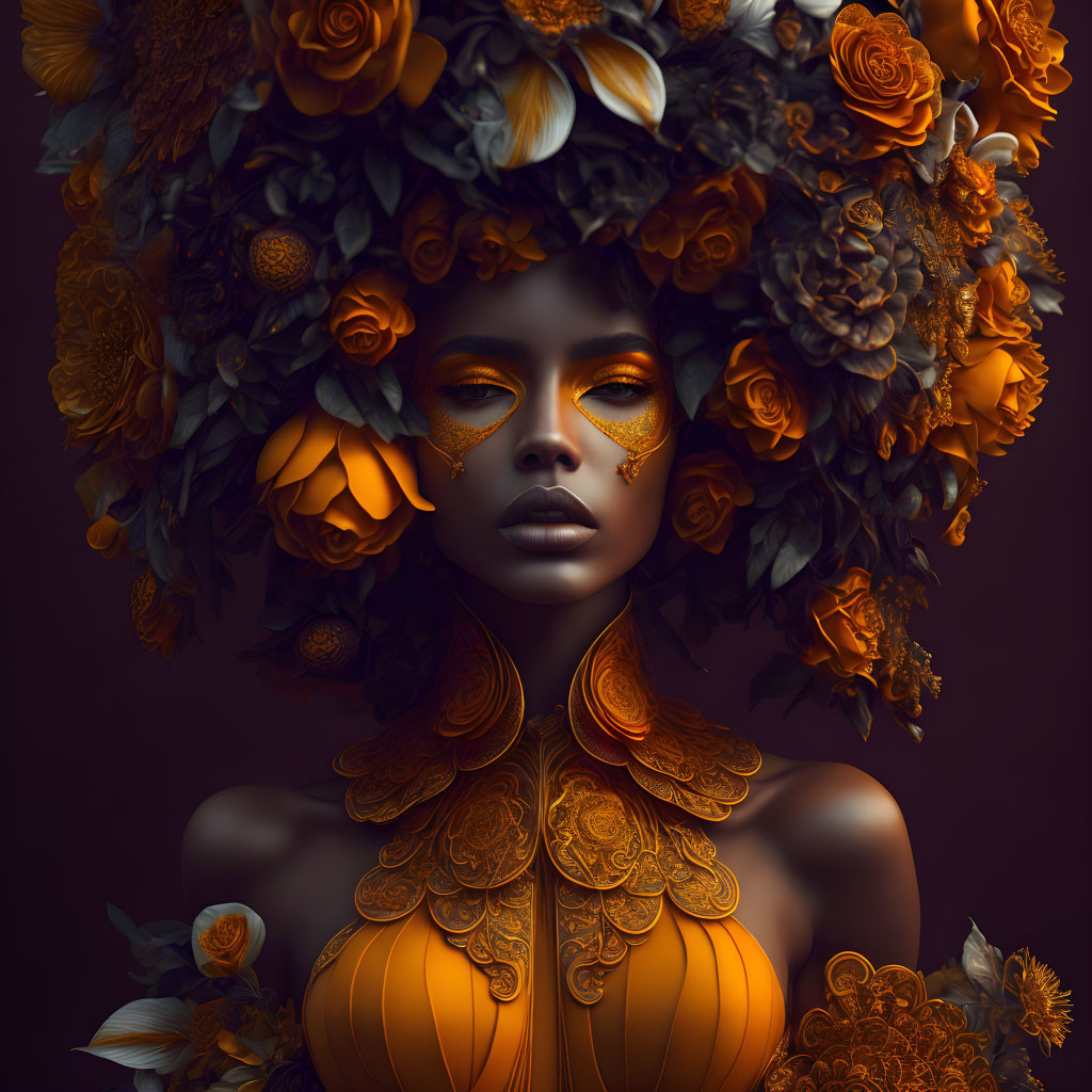 Woman adorned with brown and orange floral headpiece and makeup against dark backdrop