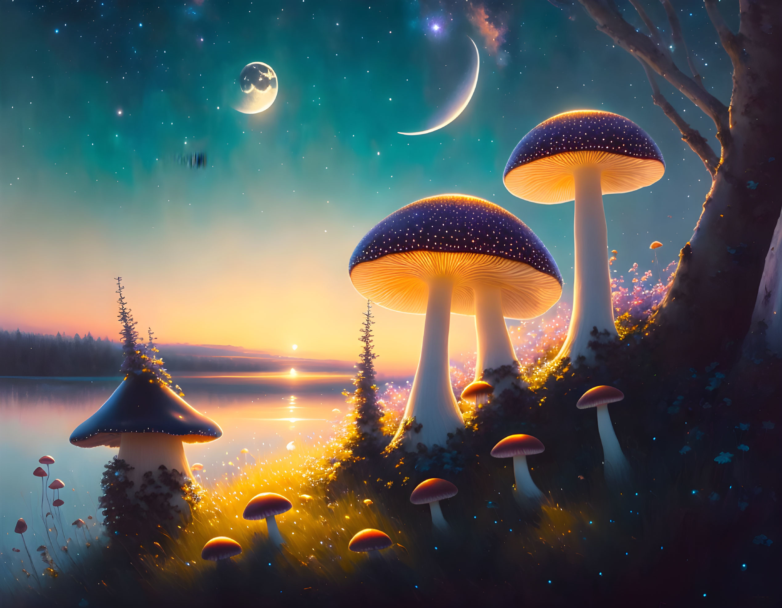 Fantastical twilight landscape with oversized luminescent mushrooms under starry sky